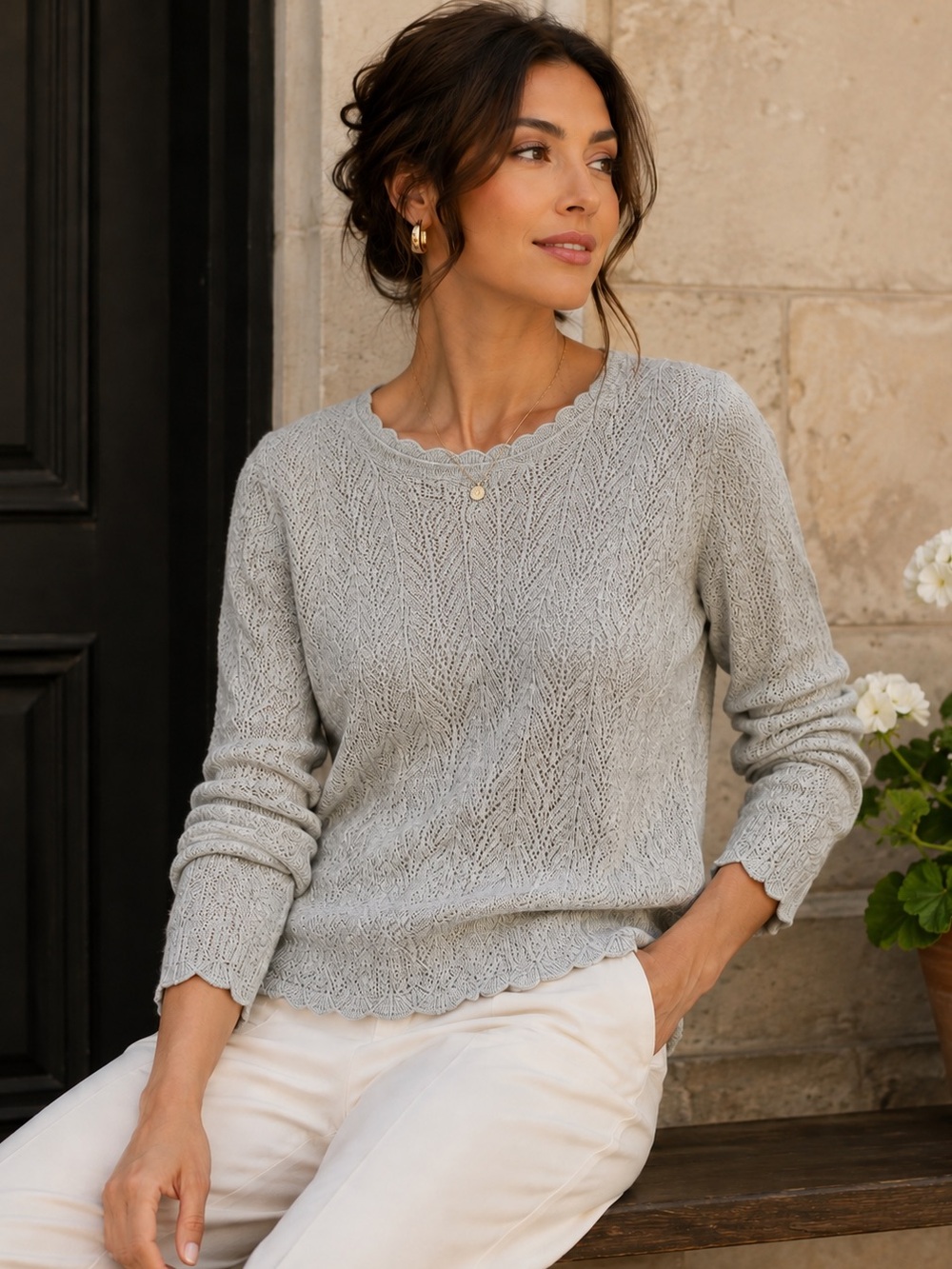 Ann Taylor Cashmere Metallic Open Knit Scalloped Sweater Gray XS/S Lightweight